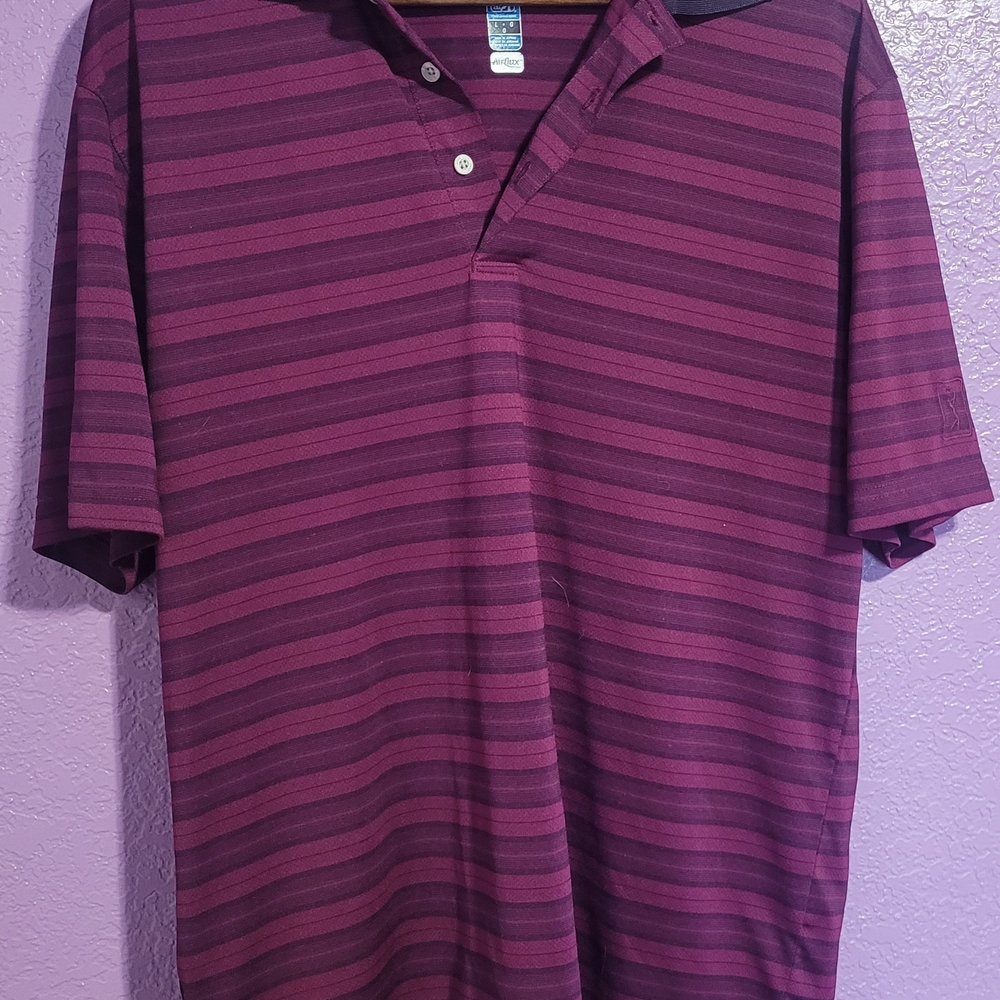 PGA TOUR Men's Purple Black Striped Polo Shirt L Golf Short Sleeve Polyester